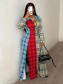 Maweii 大码女式春秋格子休闲翻领纽扣前开衩长袖修身长衬衫裙 - 彩色 - 查看 3