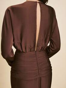 Poéselle Vestido de manga larga con cintura ceñida de unicolor elegante para mujeres - Marrón - Ver 6