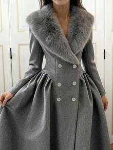 Glamine 女士拼接仿毛皮领双排扣收腰大衣 - 淺灰色 - 查看 3
