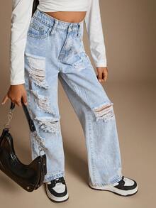 Radiana Tween Girls Fashion Casual Y2k Vintage Cool Comfortable Cut Out Ripped Frayed Design Blue Loose Jeans For Tween Girl Clothes Girls Costume Dailywear And Tween Girl Fall And Autumn Or Winter Clothes Back To School Homecoming Rave Outfits Festival And Beach Outfits Streetwear School Clothes Teen Girl Jean Outfit Wide Leg Jeans - Blue - View 7