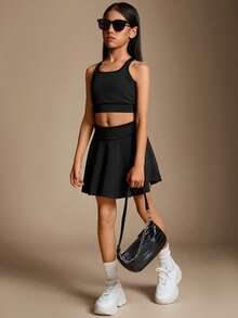 Radiana Tween Girl's Casual Tennis Knitted Solid Color Tank & Skort Set, Spring/Summer - Black - View 4