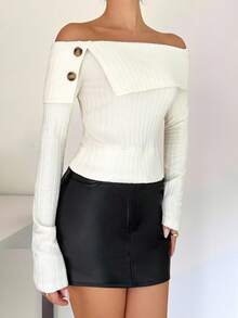 Rafferiza 1. Áo croptop dệt kim gân sọc trễ vai thanh lịch dành cho nữ, tay dài, kiểu áo thun giả len sang trọng, cổ áo bất đối xứng, dáng ôm, áo len chui đầu co giãn gợi cảm thời trang thường ngày, thích hợp cho mùa thu/đông. - Màu be - Xem 4