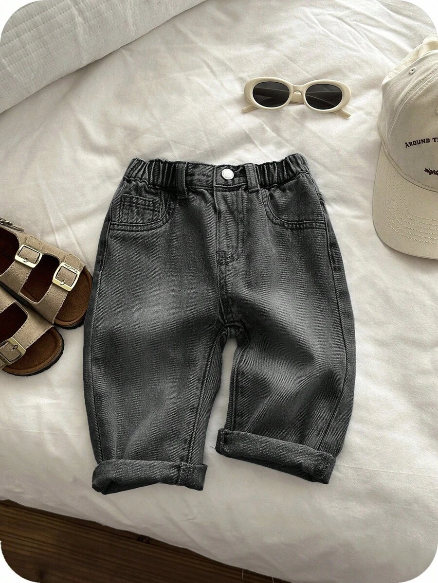 SHEIN Baby Boy Solid Color Elastic Waist Casual Versatile Jeans - Black - View 1
