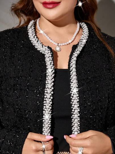 Gownix 加大码黑色粗花呢水钻装饰正式外套，优雅适合派对、婚礼、晚宴等场合，珠饰外套，女士冬季外套，圣诞节、新年、感恩节等节日皆宜，优雅派对外套，闪亮时尚，粗花呢外套