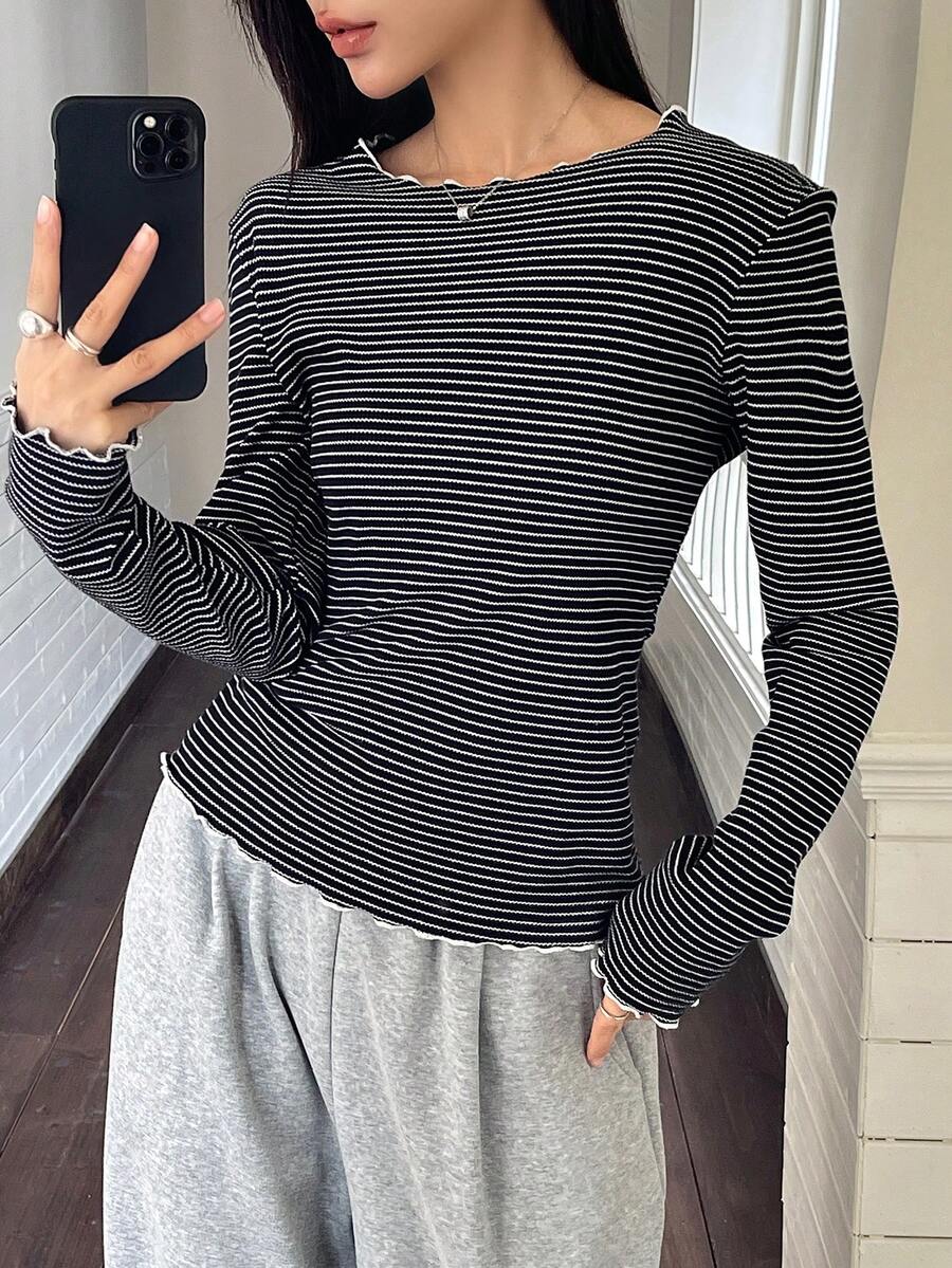 DAZY Damen gestreiftes figurbetontes Lässig Langarm T-Shirt