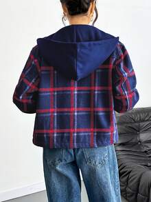 Chamarra para mujer básica de lana con estampado de cuadros multicolor y capucha ligera de moda para uso casual o diario - Azul - Ver 8