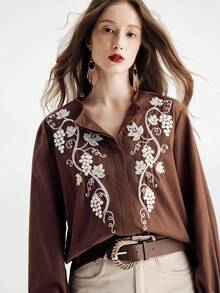 Aveloria Modichic Autumn/Winter New Women's Coffee Floral Textured Embroidered Round Neck Oversized Casual Long Sleeve Shirt - Brown - View 5