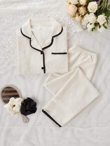 Contrast Trim Girls Sleepwear Set Two Piece Sleepwear Set - White - View 3