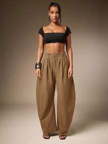 Hauture Basic Summer Casual Solid Charcoal Pleated Oversized Barrel Pants - Brown - View 3