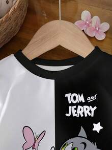 TOM & JERRY X SHEIN 女婴休闲拼色卡通图案圆领卫衣，秋季 - 白色 - 查看 3