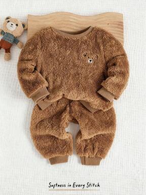 Cozy Pixies Conjunto de 2 piezas de sudadera con capucha de manga larga y cuello redondo con textura de oso y pantalones de cintura elástica forrados térmicamente para bebé niño