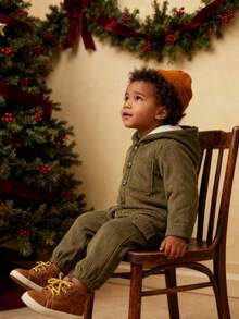 SHEIN Playful Pals 2 Stücke Baby Jungen Set aus einfarbiger Fleece Jacke mit Knopfleiste und Tasche sowie Fleece Hose mit elastischem Bund und Taschendekoration, warmes und bequemes Material, geeignet für Herbst/Winter Ausflüge und Freizeitbekleidung, Baby Jungen Outfit, Militärgrün - Schwarz und Weiss - Übersicht 4