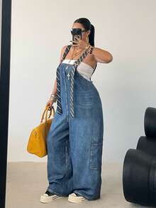 POPSWAY Plus Size Women's Denim Effect Bib & Brace Striped Contrast Color Large Pocket Casual Street Chic Jumpsuit, Suitable For Vacation, Dates, Parties, Outdoor - Blue - View 3