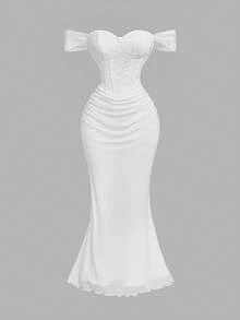 SHEIN MOD 女士白色蕾丝拼接露肩优雅长裙，适合派对、性感、晚宴、度假、夏季、情人节、邮轮等场合。 - 白色 - 查看 1