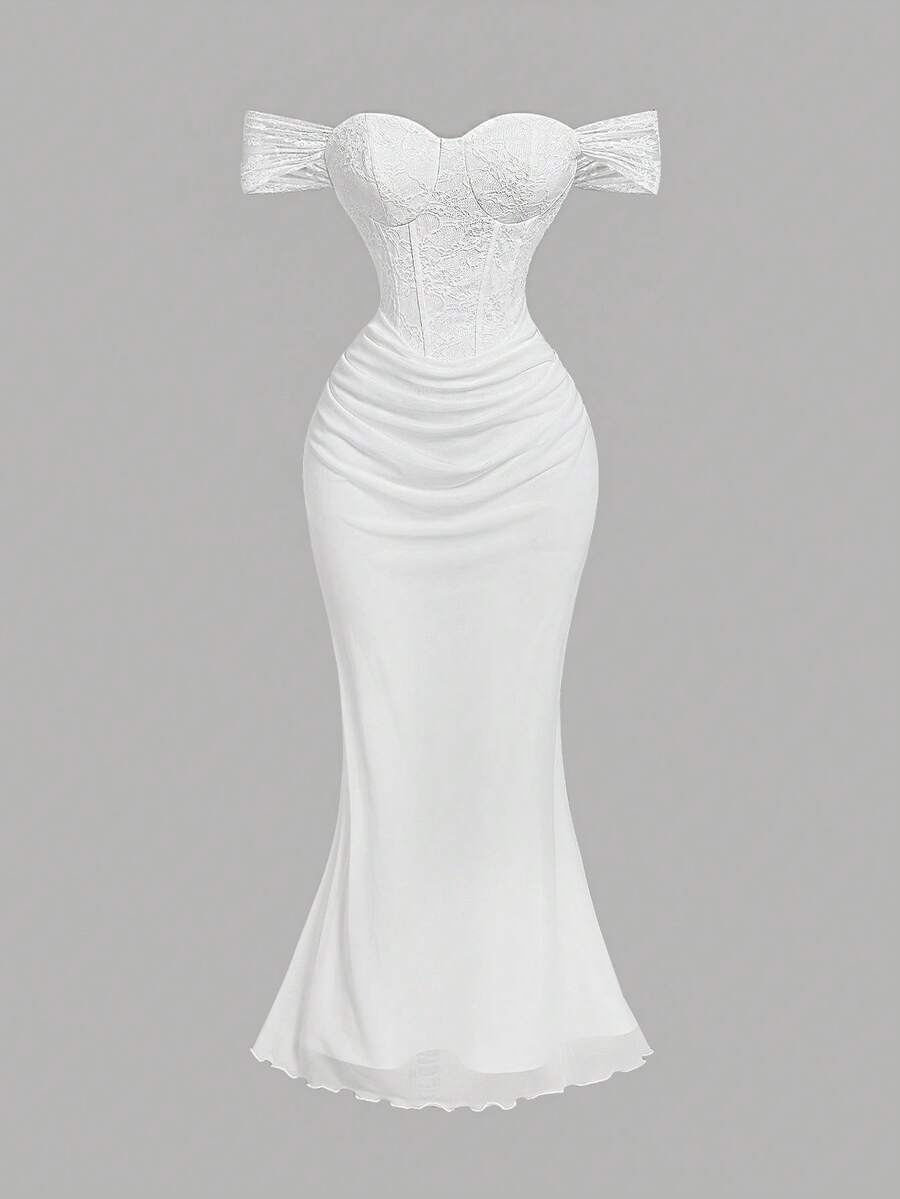 SHEIN MOD 女士白色蕾丝拼接露肩优雅长裙，适合派对、性感、晚宴、度假、夏季、情人节、邮轮等场合。 - 白色 - 查看 1