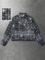 Street Life Men's Shirt With Rhinestone Plaid Pattern, Long Sleeve, Streetwear American Style