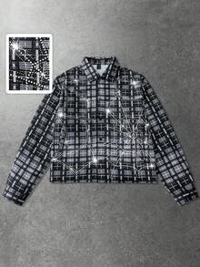 ROMWE MEN Street Life Men's Shirt With Rhinestone Plaid Pattern, Long Sleeve, Streetwear American Style - Black - View 1