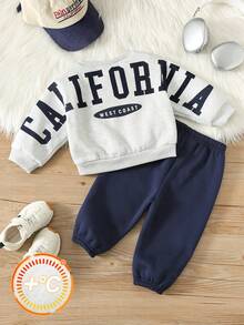 SHEIN 2pcs/Set Baby BoyCasual Letter Graphic Crew Neck Sweatshirt And Jogger Pants Outfit, Navy Blue Tracksuit, Comfortable & Versatile Streetwear For Baby Boys In Autumn/Winter Baby Boy Sweatsuit Baby Sportswear Baby Set Autumn Winter Season Baby Boy Track Suit