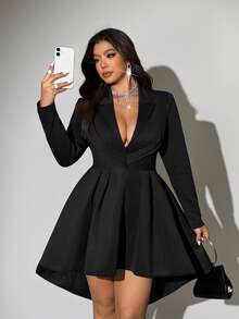Viva Relle 大码女式纯色翻领长袖前短后长下摆时尚性感连衣裙 - 黑色 - 查看 2