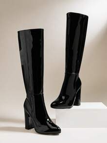 SHUZIA Botas altas hasta la rodilla con tacón de bloque de PU patentado cómodo y cremallera lateral para mujer - Negro - Ver 2