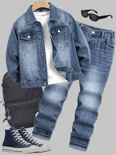 Tween Boys Denim Two Pieces Outfits, Versatile Casual Vintage Washed Denim Set, Suitable For Daily Wear, Outings, School, Commute, Essential For Fashionable Boys Boy Jeans Sets Denim Boys Outfit Jean Set Kids Jeans Jacket Denim Sets For Girls