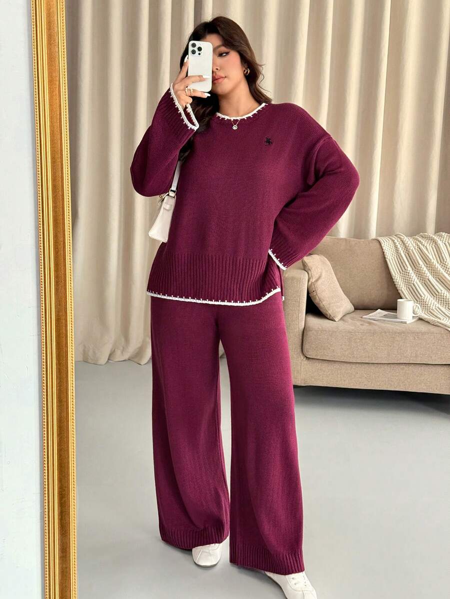 Vionelle 大码女式圆领长袖上衣和裤子套装，毛衣 - 紅色 - 查看 1