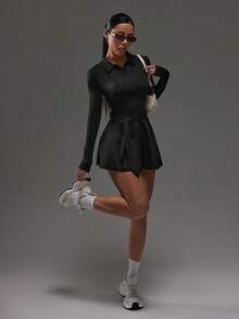 Dewbera Casual Versatile Pleated Slimming Shaping Buttoned Polo Collar Bodycon Dress Tennis Dress Long Sleeve Tennis Dress Athletic Romper Chic Autumn Dress Black Tennis Dress - Black - View 5