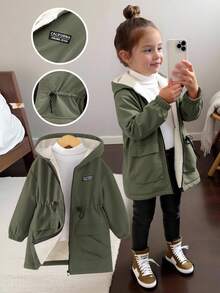 Young Girl Casual Thermal Lined Hooded Jacket, Versatile For Autumn/Winter - Army Green - View 1