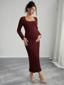 Momance 女士孕妇宽松方领罗纹喇叭下摆长袖针织毛衣连衣裙，舒适优雅 - 酒紅色 - 查看 7