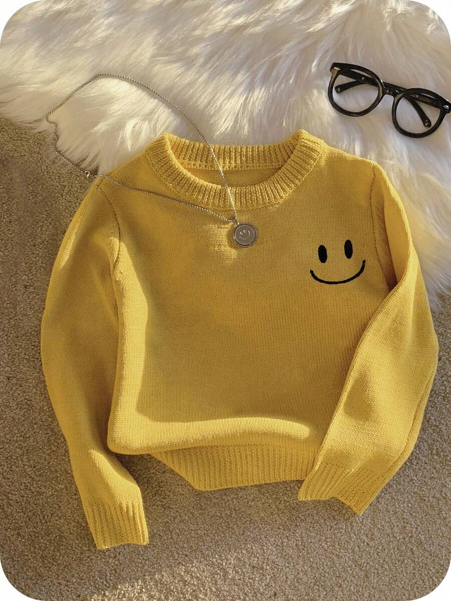 SHEIN 男婴/女婴可爱休闲百搭黄色长袖毛衣，适合秋冬季 - 黃色 - 查看 1