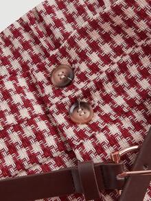 SHEIN MOD Quần ống rộng cạp cao họa tiết kẻ caro đỏ cổ điển cỡ lớn, trang phục công sở/đi làm thanh lịch - Màu Đỏ Sâu - Xem 4