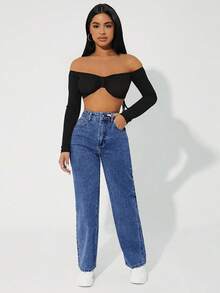 SHEIN PETITE Women's High Waist Pockets Straight Leg Casual Versatile Jeans - Blue - View 3