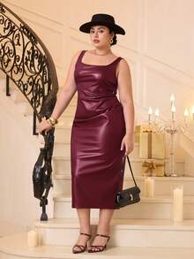 SHEIN MOD Plus Size PU Leather Women's Burgundy Brown Dress, Elegant Autumn Wedding Cocktail Birthday Winter Party Formal Evening Christmas Outfit - Burgundy - View 8