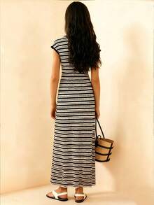 Travachic KIDS 青少年女孩休闲优雅针织条纹短袖中长连衣裙 - 白色 - 查看 2