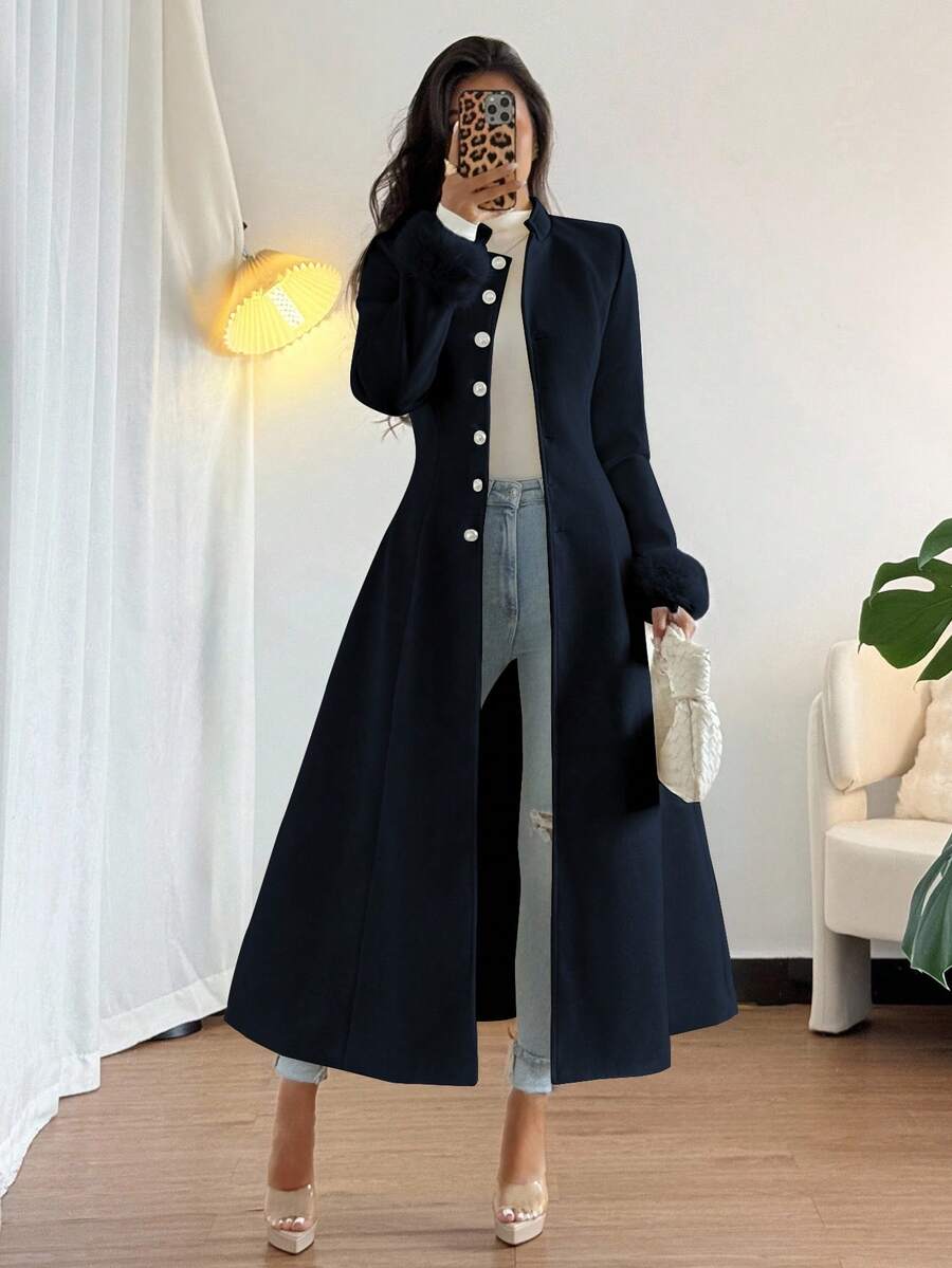 Rafferiza 女士时尚单排扣长款大衣,冬季长袖外套,藏蓝色,优雅法式风格 - 藏蓝色 - 查看 1