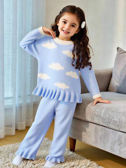 Conjunto de punto de 2 piezas dulce y versátil para niñas pequeñas, nuevo estilo de otoño e invierno - Suéter de cuello alto de manga larga azul con estampado de jacquard de nubes + Pantalones, ambiente suave, lindo y perezoso, conjunto de lana suelto y suave, adecuado para uso diario, ocasiones festivas, salidas, viajes, vacaciones, hogar y vuelta al colegio, ropa todo a juego