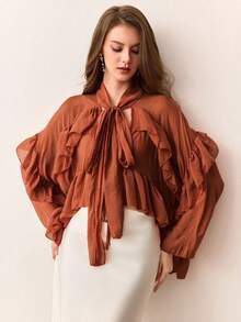 EMERY ROSE Peach V-Neck Tie Front Double Ruffle Hem Blouse, Sweet Romantic Vibrant Design, Suitable For Daily Wear And Shopping - Coffee Brown - View 5
