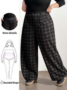 Enliva Plus Size Women's Straight Leg Pants, Plaid Print Pattern, Pocket Detail, Elastic Waist Trousers/Autumn /Winter - Black - View 1