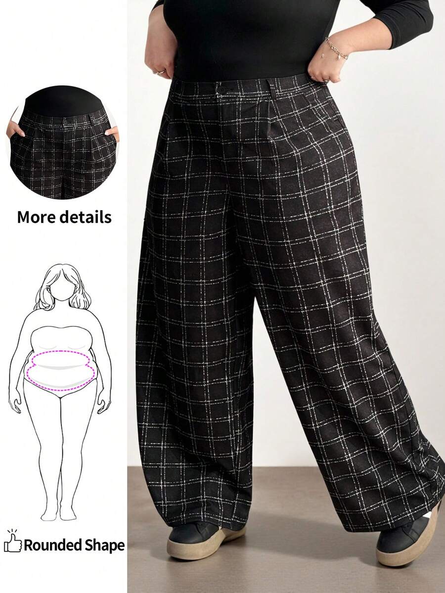 Enliva Plus Size Women's Straight Leg Pants, Plaid Print Pattern, Pocket Detail, Elastic Waist Trousers/Autumn /Winter - Black - View 1