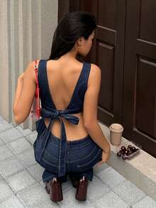 K-Vae 女士秋季休闲通勤背心长裤牛仔套装，韩版秋季女装，秋季女装，返校季服装 - 深色水洗藍 - 查看 2