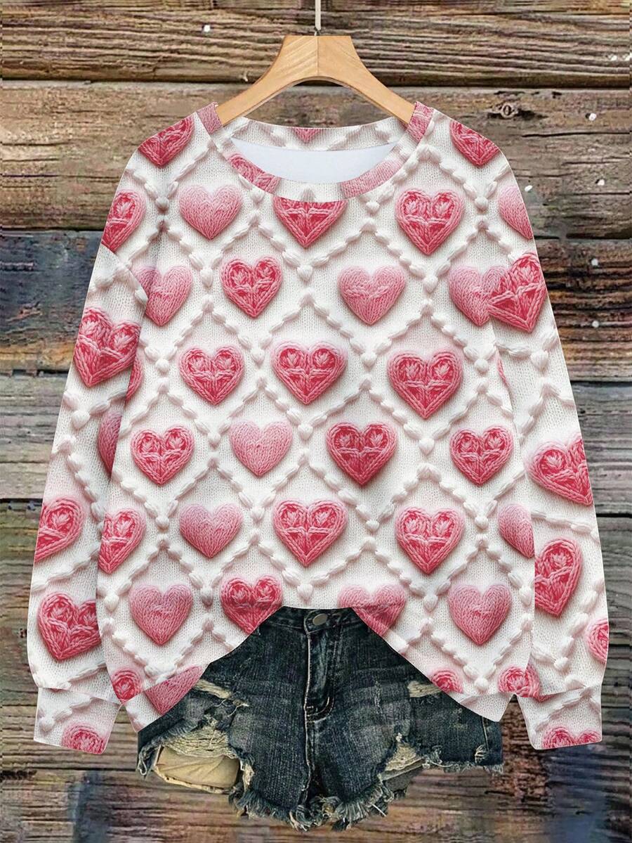EMERY ROSE Women's Colorblock Heart Pattern Crew Neck Long Sleeve Sweatshirt - Multicolor - View 1
