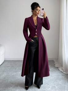 Rafferiza 女士优雅复古收腰前开衩A字长款大衣，秋冬女士长款外套，长袖外套，女士优雅穿搭，女士时尚长款外套 - 中紫紅色 - 查看 3