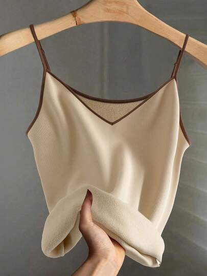 GlowEve CURVE 女士加大码纯色罗纹针织保暖吊带背心，撞色滚边，休闲日常穿着，秋冬款