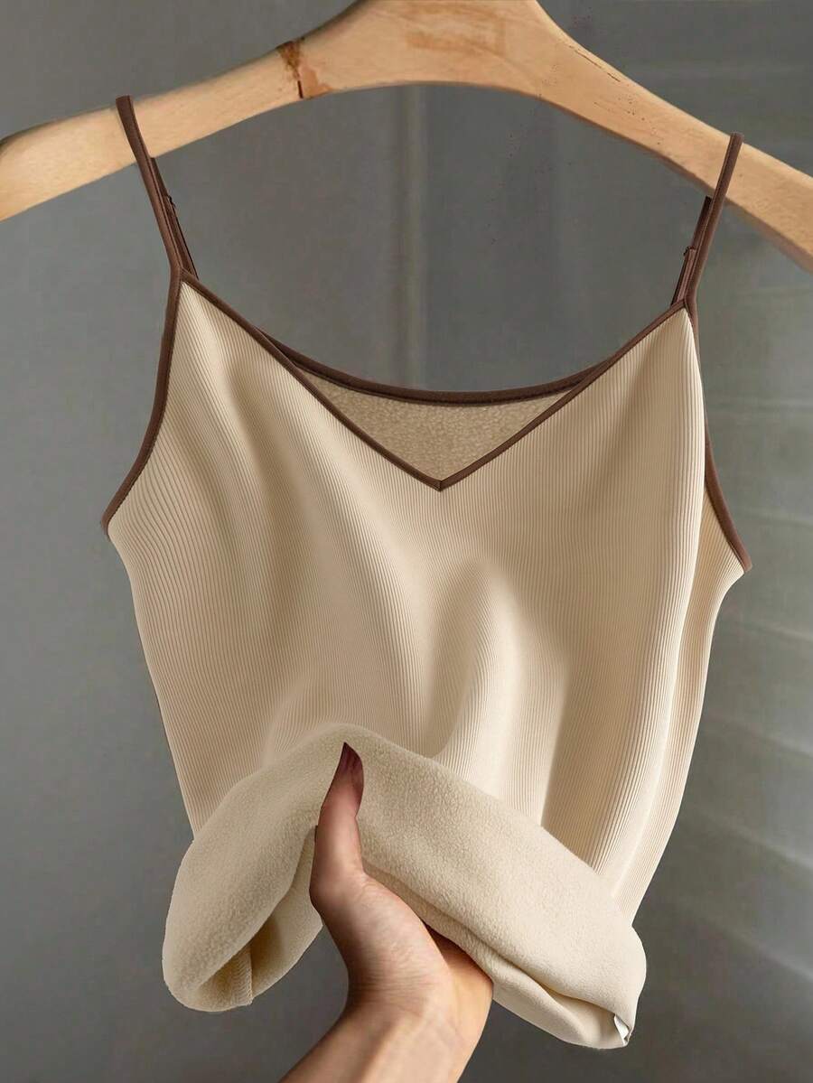 GlowEve CURVE 女士加大码纯色罗纹针织保暖吊带背心，撞色滚边，休闲日常穿着，秋冬款 - 彩色 - 查看 1