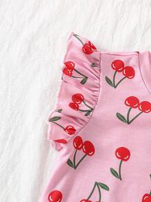 2件套女婴荷叶边粉色樱桃可爱简约时尚休闲舒适睡衣，夏季 - 粉色 - 查看 7