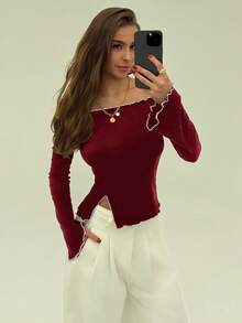 Aloruh 优雅露肩喇叭袖白色撞色滚边修身套头长袖T恤 - 酒紅色 - 查看 5