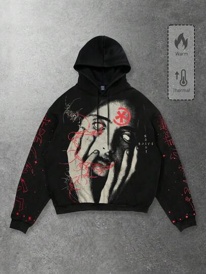 Grunge Punk بلوزة رياضية كاجوال للرجال مع رسم مطبوع وغطاء للرأس بسحاب، خريف/شتاء