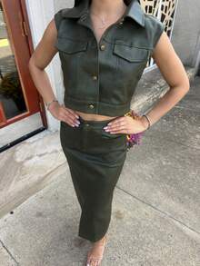 Carolina Barros 2 件套女士秋冬前扣口袋衬衫和 PU 裙子 - 綠色 - 查看 5