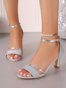 Sandalia de mujer brillo elegante punta abierta pulsera tobillo tacón medio estilo fiesta para eventos y noches - Plateado - Ver 5