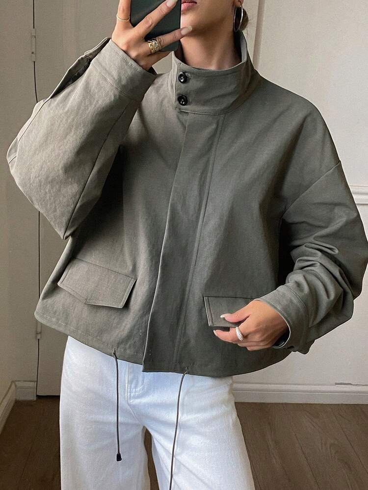 Women's Solid Color Loose High Neck Long Sleeve Drawstring Casual Street Jacket, Autumn/Winter Y2k
